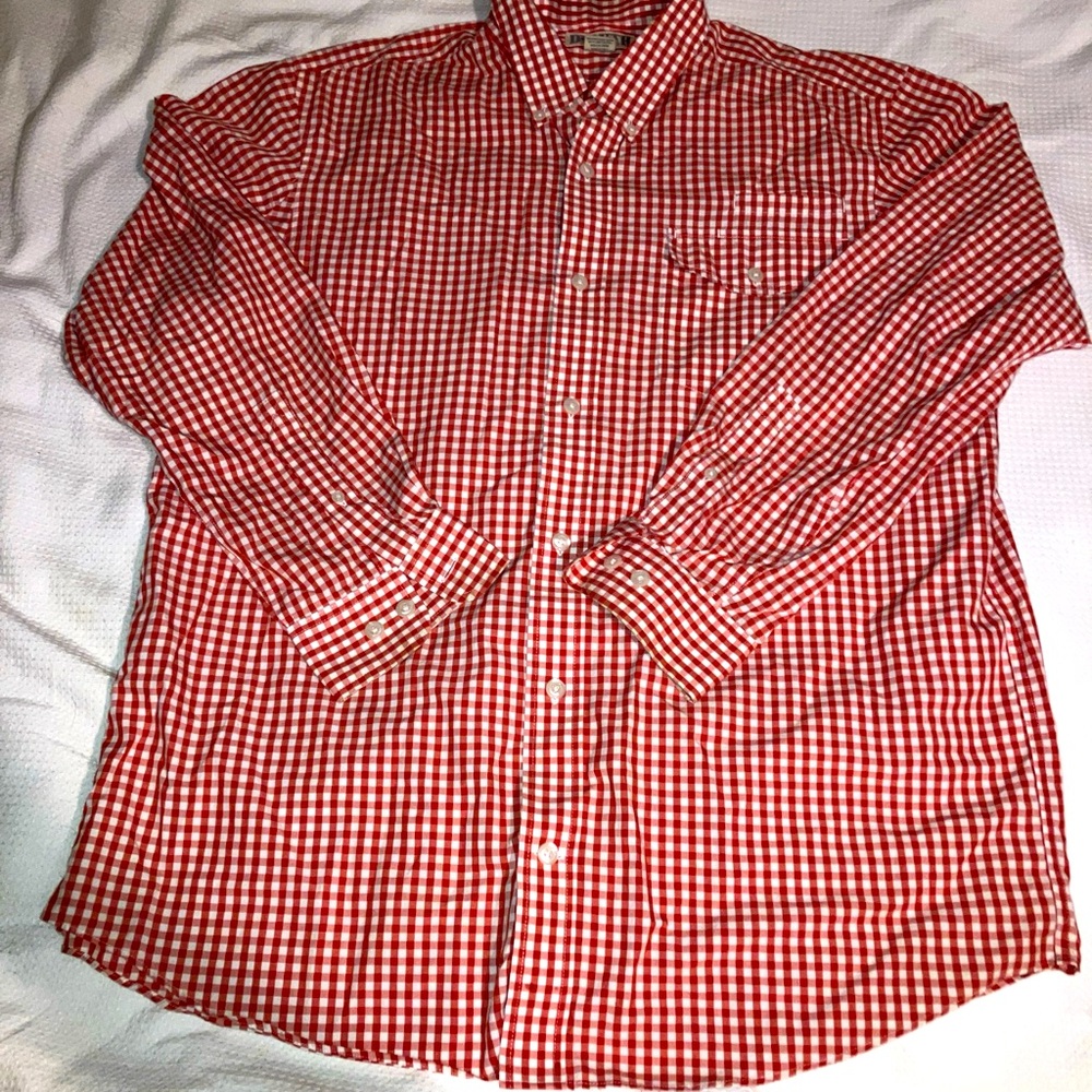 Duluth Trading Co Mens Large Red White Plaid Check UNTUCKED Button Up Shirt
